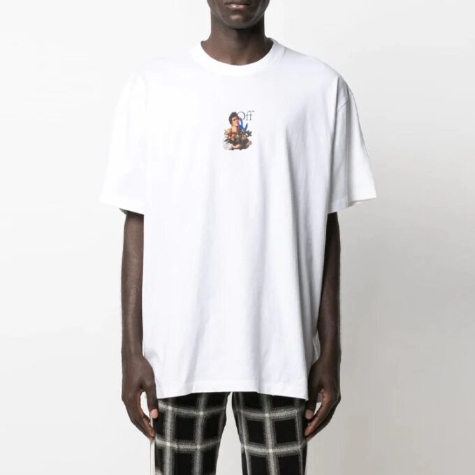 SS21 Jersey de cuello redondo con estampado, pantalones cortos y corte holgado, blanco