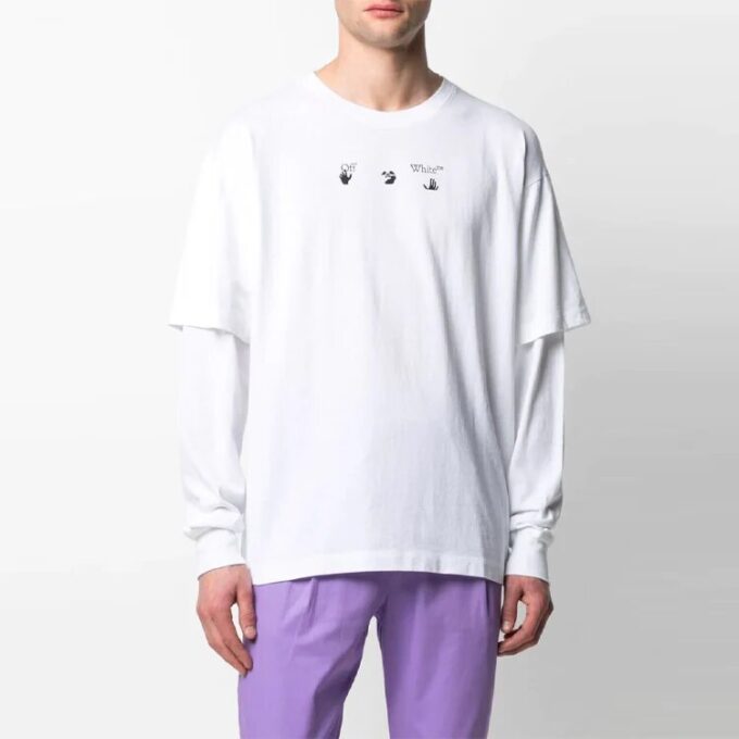 SS21 Logotipo Estampado trasero Cuello redondo Manga larga Versión estándar Blanco