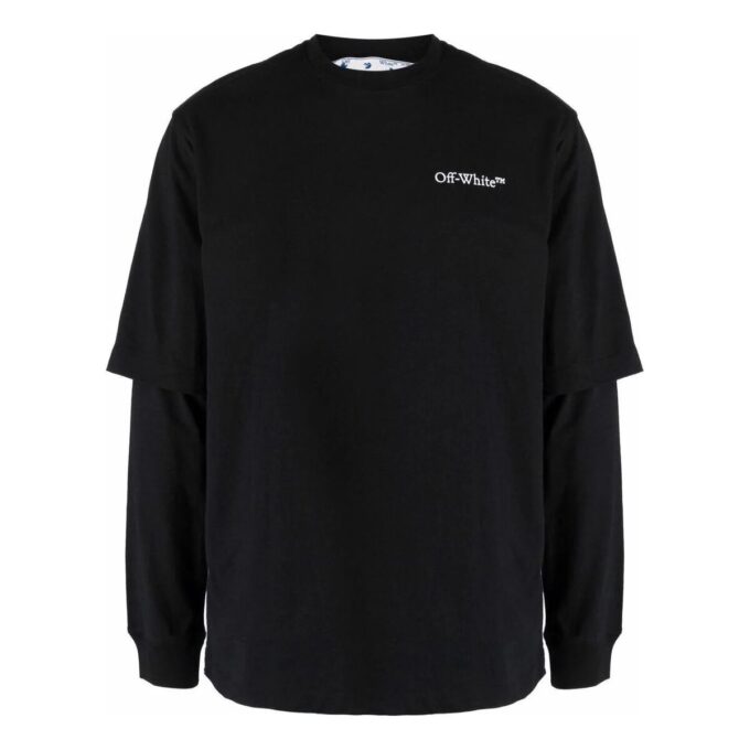 SS22 Camiseta de manga larga con cuello redondo, color liso y logo estampado, negra