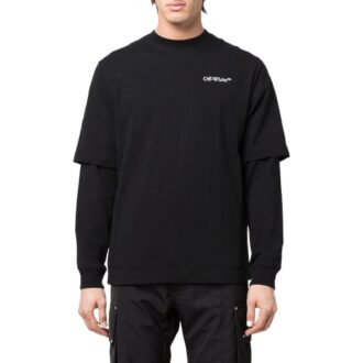 SS22 Camiseta de manga larga con cuello redondo, color liso y logo estampado, negra