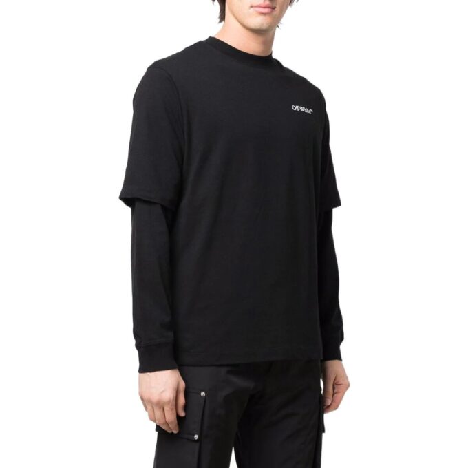 SS22 Camiseta de manga larga con cuello redondo, color liso y logo estampado, negra