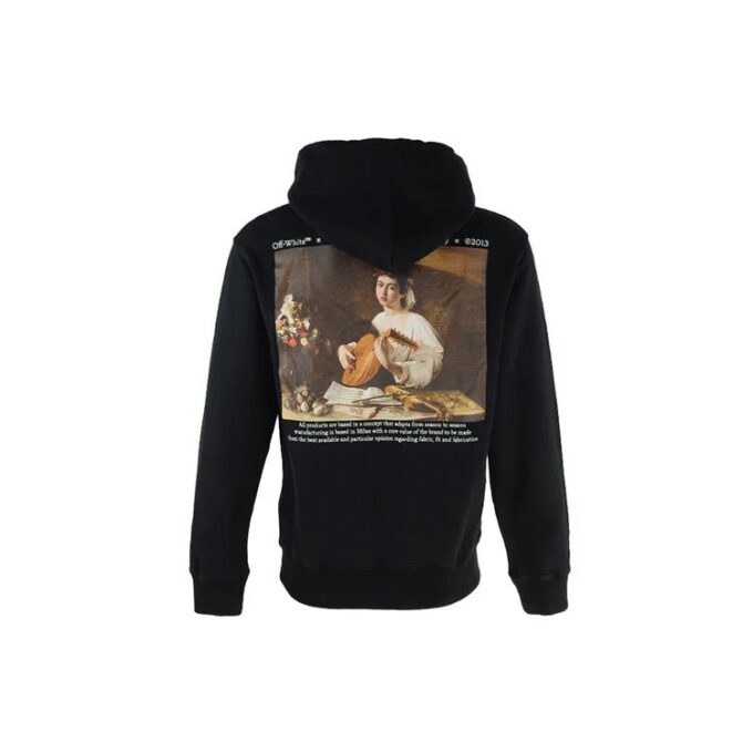 Sudadera con capucha de algodón de manga larga para hombre Off-White con el alfabeto de los personajes de Caravaggio, color negro