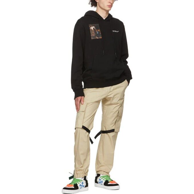 Sudadera con capucha de algodón de manga larga para hombre Off-White con el alfabeto de los personajes de Caravaggio, color negro