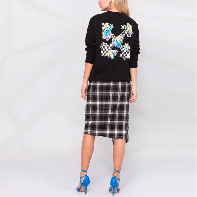 Sudadera con capucha negra de manga larga y cuello redondo con estampado de flores a cuadros Off-White SS21