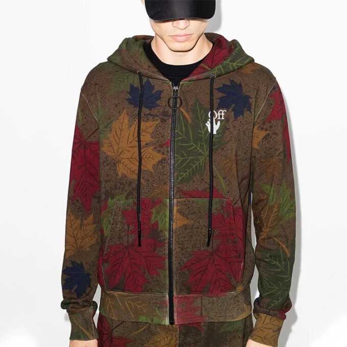 Sudadera con capucha y apliques de camuflaje de hojas FW20 para hombre, color caqui/verde