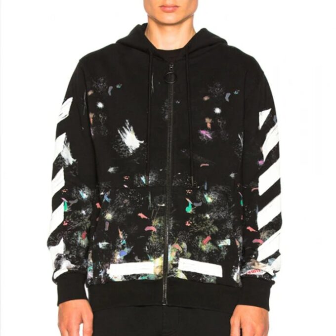 Sudadera con capucha y cremallera de felpa con estampado de grafitis Galaxy Brush para hombre, color negro