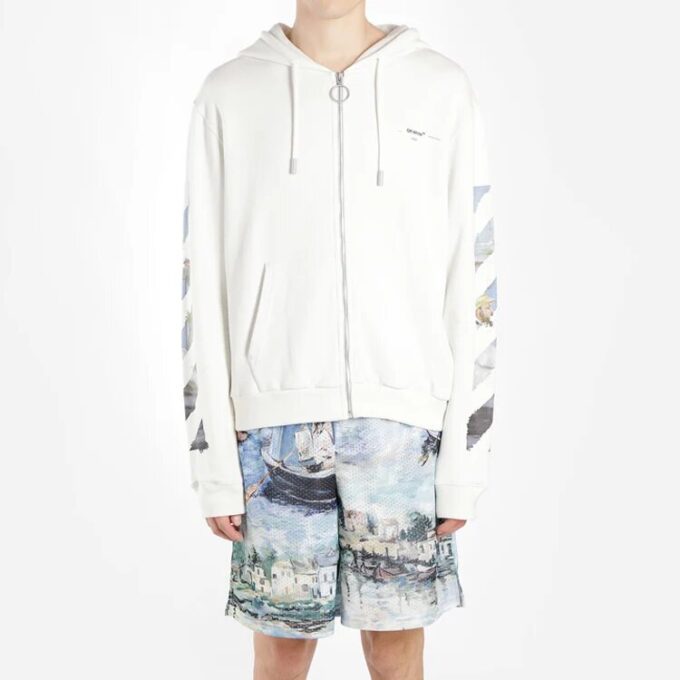 Sudadera con capucha y estampado, con cremallera, para hombre, blanca